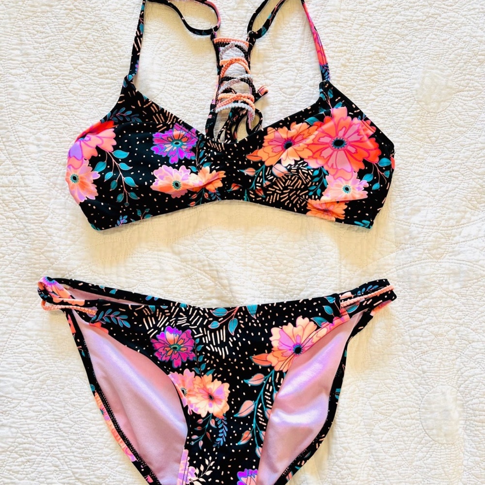Xhilaration Floral Bikini, Black/Neon Pink